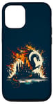 Coque pour iPhone 15 Jeu de fantastiques château de réflexion de dragon flamme double exposition