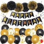 Happy Birthday Party Decor Banner Bunting Balloons Child Adult B Black