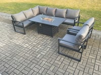 Aluminum Outdoor Garden Furniture Set Corner Sofa 2 PC Chairs Gas Fire Pit Dining Table Set Gas Heater Burner Dark Grey 8 Seater