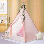 Triclicks Teepee Tent for Kids Foldable Children Play Tent for Girl and Boy Cotton Canvas Toddler WigwamTipi Playhouse Toy Gift for Indoor Outdoor Games Home Bedroom Garden Camping Beach (Pink-Lace)