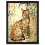 Marble Coat Bengal Cat Perched on Street Wall Watercolour Illustration Artwork Framed Wall Art Print A4