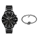Emporio Armani Men's Chronograph Watch and Chain Bracelet - Black Ceramic Watch and Stainless Steel in Blacken Finishing Bracelet