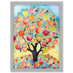 Apple Tree Fruit Harvest Day Folk Art Bright Watercolour Painting Artwork Framed Wall Art Print A4