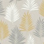 Linen Palm Ochre and Grey Wallpaper White Metallic Arthouse