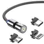 Magnetisk roterbar 3-i-1 USB-C/Lightning/MicroUSB-laddarkabel - 2 m