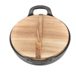HG (25cm)Cast Iron Wok With 2 Handle Wooden Lid Frying Pan With Flat Base