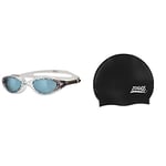 Zoggs Adults Panorama Smoke Tinted Lenses Goggles with UV Protection - Clear & Adult Silicone Swimming Cap with Embossed Non-Slip Inner Surface, Black, One Size