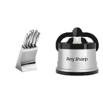 Morphy Richards Accents 46295 5 Piece Knife Block with High Grade Polished Stainless Steel Knives & AnySharp Knife Sharpener, Hands-Free Safety, PowerGrip Suction, Safely Sharpens All Kitchen Knives