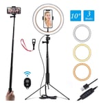 AJH 10" Ring Light with Tripod Stand Selfie Stick & Cell Phone Holder,3200K-5500K Dimmable LED Ring Light Light Stand for Live Stream YouTube Video Makeup Vlog Photography