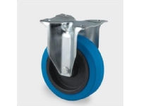 Fast hjul, blå elastisk gummi, Ø100 mm, 160 kg, rulleleje, med plade Byggehøjde: 128 mm. Driftstempe