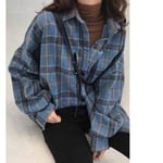 Shirt Early Autumn Women'S Retro Hong Kong Style Lazy Style Loose Plaid Long Sleeve Shirt Coat Apply To Party Holiday Daily Work Etc-Blue_Xxl