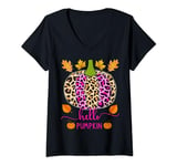 Womens Leopard Hello Pumpkin - Autumn Vibes V-Neck T-Shirt