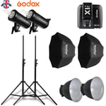 UK 2*Godox SK400II 400W 2.4G Flash+X1T-F for Fuji+light stand+Grid softbox Kit