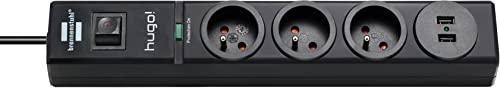 Brennenstuhl Multiprise Hugo! Noire, 3 Prises + 2 Prises USB, avec parasurtenseur et 2m de câble (19.500A)