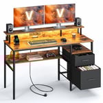 VASAGLE Bureau Gaming avec Lumières LED et Multiprise, Bureau Informatique avec Support d'Écran, Table avec Rangement, 2 Tiroirs en Tissu, 2 Ports USB, pour Bureau, Marron Rustique LWD094K02