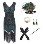 shoperama Costume Charleston Flapper des années 20 pour femme - Robe à paillettes avec franges et 5 accessoires - Vert/noir - Taille : XL