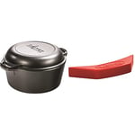 Lodge L8DD3 4.73 litre / 5 quart Pre-Seasoned Cast Iron Double Dutch Oven (with Loop Handles), Black & Silicone Assist Handle Holder, Red,5.5" x 2"