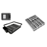 Anika 69049 Kitchen Dish Drainer Rack / Separate Cutlery Holder / Removable Drip Tray / Black Colour / 41 x 32 x 9.5cm & Addis Premium Soft touch 6 Compartment Cutlery Drawer Organiser Tray