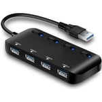 NetBoat USB 3.0 Power Strip Hub, Ultra Slim 4 Port Multiple USB Hub med individuella strömbrytare LEDs