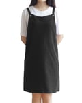 Adjustable Kitchen Apron Japan Style Cotton Linen with 2 Pockets Pinafore Apron For Women,Chef,Waitress,Hairstylist Fits for Grill,BBQ,Paint Cross Back H Shoulder Straps (Black)