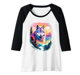 Womens A Grey Wolf with Mountains Floral Elements Forests Trees Raglan Baseball Tee