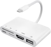 Adaptateur HDMI iPhone, Adaptateur Lecteur Carte SD/TF, Adaptateur USB OTG avec Port de Charge, Adaptateur Lighting AV numérique 1080P Compatible avec iPhone 14/13/12/SE/11/XS/XR/X/8/7/i-Pad