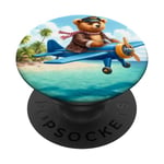 Bear Flies Plane Over Island. Pilot Jacket Aerial Journey PopSockets Swappable PopGrip