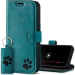 SURAZO Protective Phone Case For Apple iPhone 15 Pro Max Case - Genuine Leather RFID Wallet with Card Holder, Magnetic Closure, Stand - Flip Cover Full Body Casing Screen Protector (Turquoise & Paw)