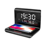 Wireless Charging Alarm Clock 2-in-1 HD Mirror LED Digital Alarm Clock, with Date/Time/Temperature Surface Suitable for Bedroom,Home, Office (Color : Black)