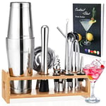 Set de Shaker à Cocktail pour Barman, Godmorn 16Pcs Boston Shaker Bar Tool Set, 304 Stainless Steel Martini Shaker with Bamboo Stand and Recipe Book, Drink Mixer Set for Home and Bar, Barware Set.