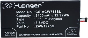 Kompatibelt med Acer Iconia Tab 7, 3.8V, 3400 mAh