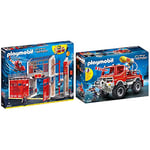 Playmobil - Caserne de Pompiers avec Hélicoptère - 9462, 58.5 x 50.01 x 9.3 cm, Coloré & 4X4 de Pompier avec Lance-Eau - 9466
