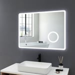 Meykoers - Miroir led de salle de bain avec anti-buée et horloge 80x60cm, 3 lumière led dimmable, 3x Loupe Miroir Maquillage, Blanc chaud/Blanc