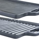 HomeZone® 50cm Heavy Duty Large Cast Iron Double Sided Griddle Plate Grill Pan For Gas Electric And Induction Hobs. Oven-Proof Non-Stick Cast Iron BBQ Skillet Pan Chargrilled Meat Chicken Fish Veg