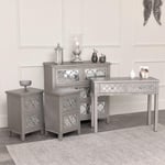 Large Silver Mirrored Chest Of Drawers, Console / Dressing Table & Pair Of Bedside Tables - Sabrina Silver Range