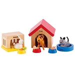 Hape Family Pets | Complete Your Wooden Dolls House with Happy Dog, Cat, Bunny Pet Set with Complimentary Houses and Food Bowls