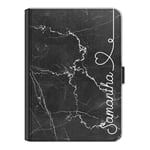 Personalised Initial Case For Apple iPad (2019) 10.2 inch (7th Generation), Black Marble Print with White Side Name and Heart Line, 360 Swivel Leather Side Flip Folio Cover, Marble Ipad Case