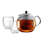 Bodum - K1833-16 - Assam Tea Set - Théière à Piston en Verre - Filtre Plastique - Couvercle Inox - 1.5 L + 2 Verres Double Paroi - Pavina - 25 cl