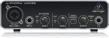 Behringer UMC22 audiophile 2x2 USB audio interface with Midas microphone preamp