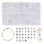 Carehabi 1400+ pièces Perles Lettres Kit, Perle Lettre pour Bracelet, Perles Alphabet Noir Blanc et Cœur Coloré avec Fil élastique 5 m pour faire les Bracelets d'amitié, Bijoux, Enfant DIY