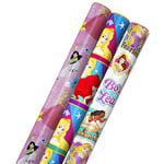 Hallmark Lot de 3 rouleaux de papier cadeau Princesses Disney avec lignes de coupe TTL avec Cendrillon, Ariel, Mulan, Jasmin, Blanche-Neige et Belle pour anniversaires, Noël ou toute autre occasion