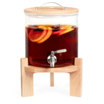 Navaris Glass Drinks Dispenser with Tap - 5 Litre Drink Jar with Spigot, Lid and Beechwood Stand for Hot or Cold Beverages, Ice Water for Parties