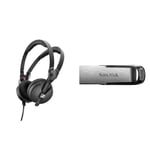 Sennheiser HD 25 Special Edition Closed-Back On-Ear Headphones, Includes Exclusive Carry Case and Velour Ear Pads color Black & SanDisk 128GB Ultra Flair USB 3.0 Flash Drive