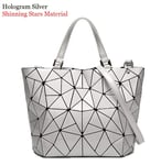 Women's Luminous Bag Geometric Lattice Tote Bag High Quilted Chain Shoulder Bags Laser Plain Folding Handbags Hologram Silver