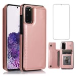 Asuwish Compatible with Samsung Galaxy S20 Plus Glaxay S20+ 5G Wallet Case and Tempered Glass Screen Protector Card Holder Stand Cell Phone Cases for Gaxaly S20+5G S20plus 20S + S 20 20+ G5 Rose Gold