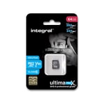 Integral - Micro SD XC 64Go, Carte Mémoire Ultima Pro x2 Ultra Haute Vitesse jusqu'à 280Mb/s, Pour Enregistrements Video 4K, 8K, 360, 3D, Classe 10, UHS-II, U3, V90 + Adaptateur SD