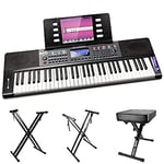 RockJam RJ461 61 Key Keyboard Piano with pitch bend Sheet + Double braced Keyboard Stand + Adjustable Keyboard Stand with Locking Straps + Adjustable Padded Keyboard Bench and Piano Stool