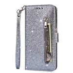 Samsung Galaxy A71 Wallet Case, Glitter Sparkly Shockproof Zipper PU Leather Magnetic Stand Flip Folio Case with Card Slots Holder Wrist Strap TPU Bumper Protective Cover for Samsung A71, Silver