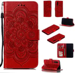 Portefeuille Coque Pour Huawei P30 Smartphone Magnétique Pu Cuir Etui Rabat Avec Fente Pour Carte Et Dragonne Mandala Fleur Motif - Rouge