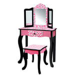 Teamson Kids Leopard Prints Wooden 2-pc. Play Vanity Set with Tri-Fold Mirror, Storage Drawer and Matching Stool to play dress-up, princess or beauty shop, Black/Pink